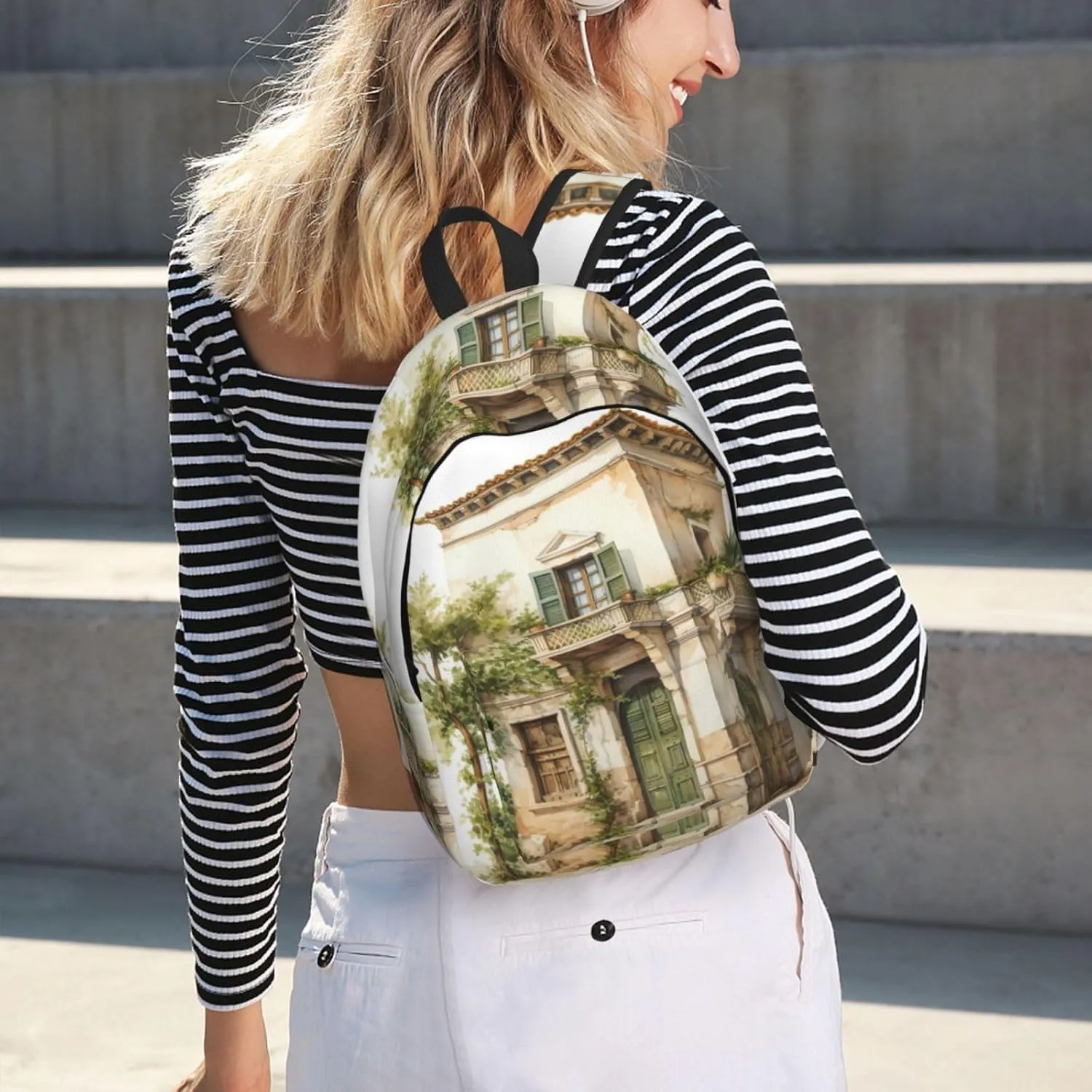 WURTON Antique Building With Roman Olive Branch And Greek Print Large Backpack Casual Laptop Backpack Computer Bag Travel Daypack For Women Men