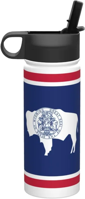 Wyoming State Flag Print Flask Stainless Steel Water Bottle with Straw 18OZ FOR Outdoor Gym Commute