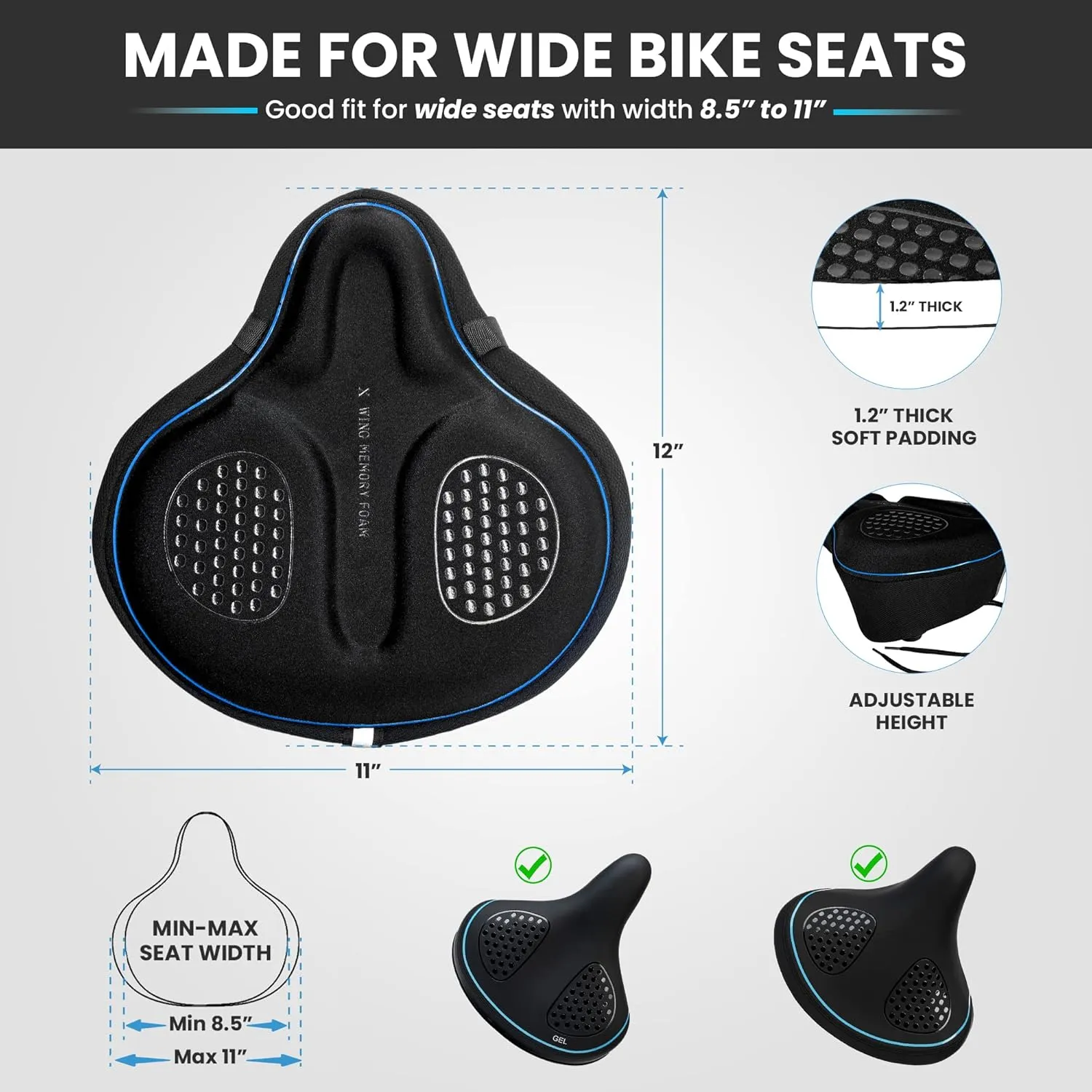 X Wing Bike Seat Cover Padded with Memory Foam OR Gel, Bicycle Saddle Soft for Men Women, Comfort Exercise Cycle Seats Cushion Padded Fits Stationary Bikes, Spin, for Indoor and Outdoor Cycling