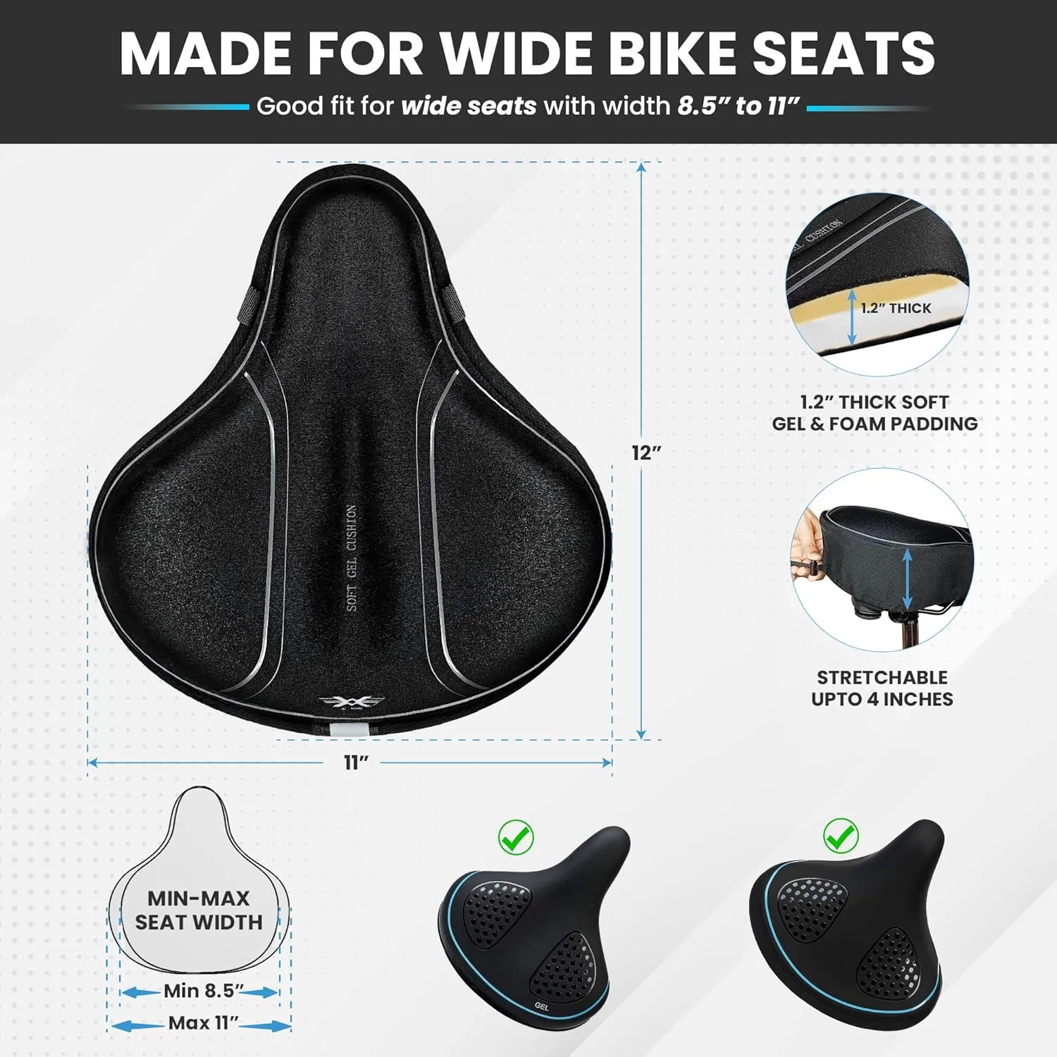X Wing Bike Seat Cover Padded with Memory Foam OR Gel, Bicycle Saddle Soft for Men Women, Comfort Exercise Cycle Seats Cushion Padded Fits Stationary Bikes, Spin, for Indoor and Outdoor Cycling