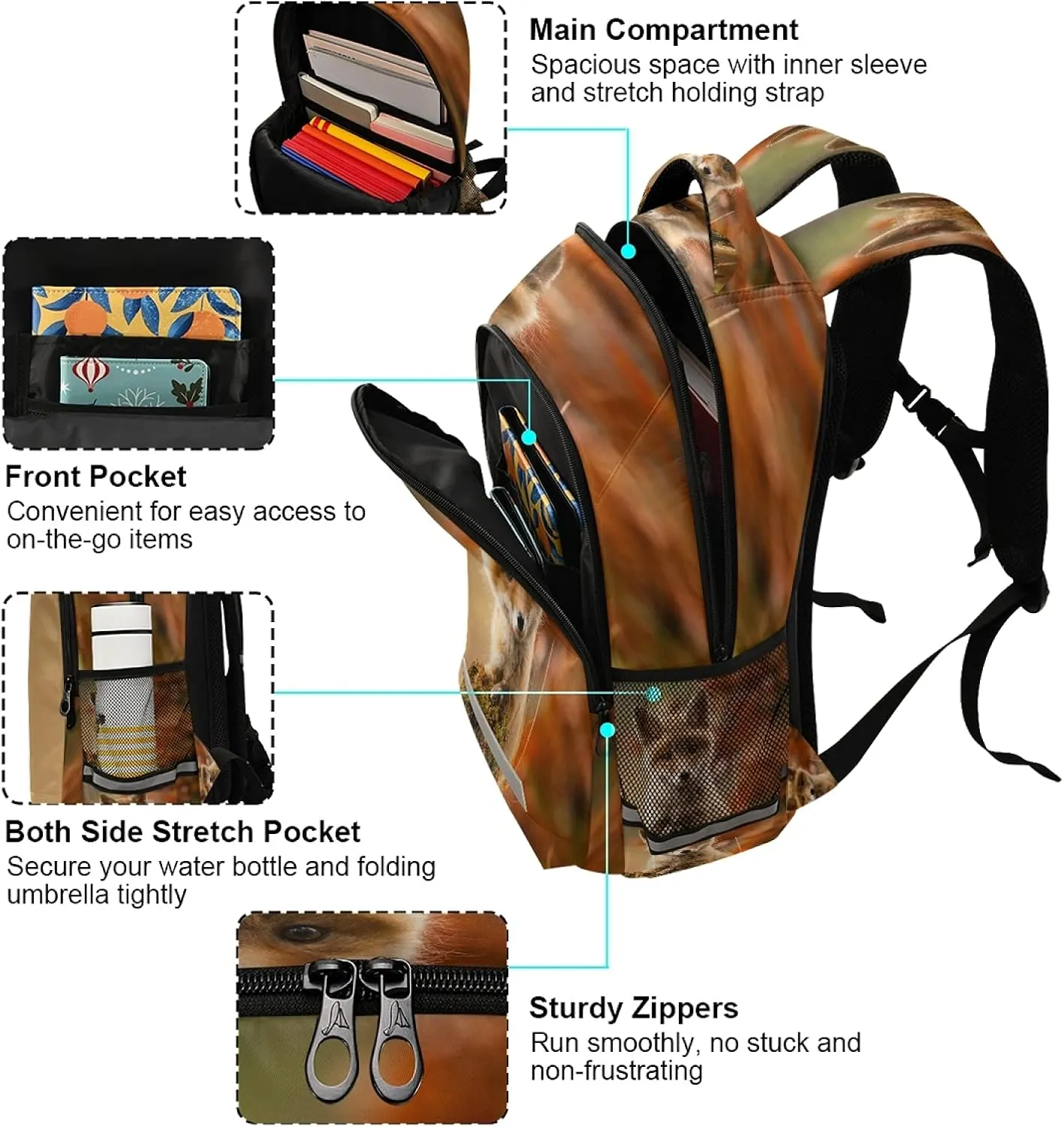 xigua Cute Fox Print Travel Backpack for School Water Resistant Bookbag