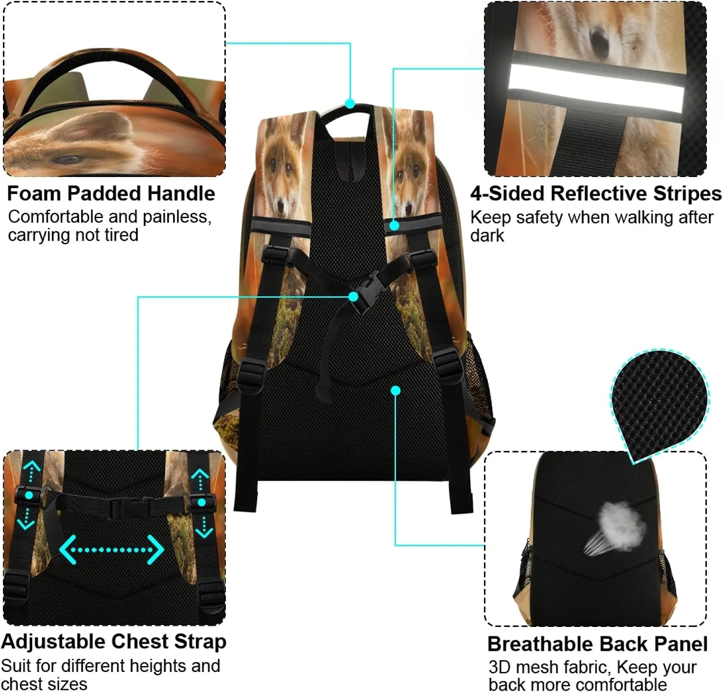 xigua Cute Fox Print Travel Backpack for School Water Resistant Bookbag
