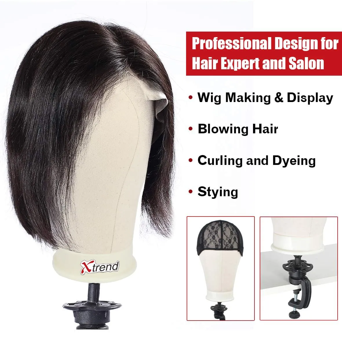XTREND 21"-24'' Poly Canvas Block Head for Making Head Weft/Wig/Hair Extension Making Display Styling Mannequin Head with Stand Set Manikin Canvas Head Hair Accessories