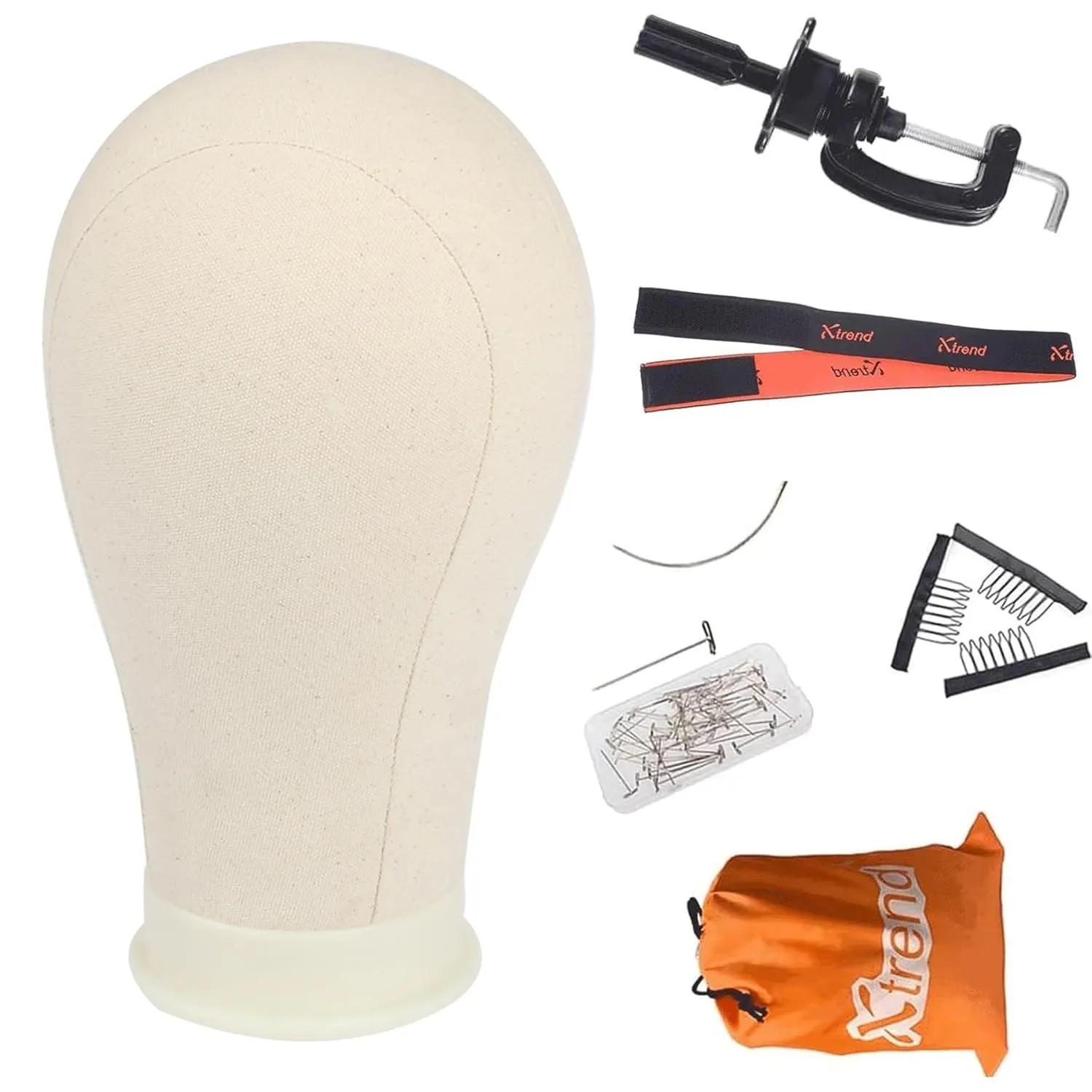 XTREND 21"-24'' Poly Canvas Block Head for Making Head Weft/Wig/Hair Extension Making Display Styling Mannequin Head with Stand Set Manikin Canvas Head Hair Accessories