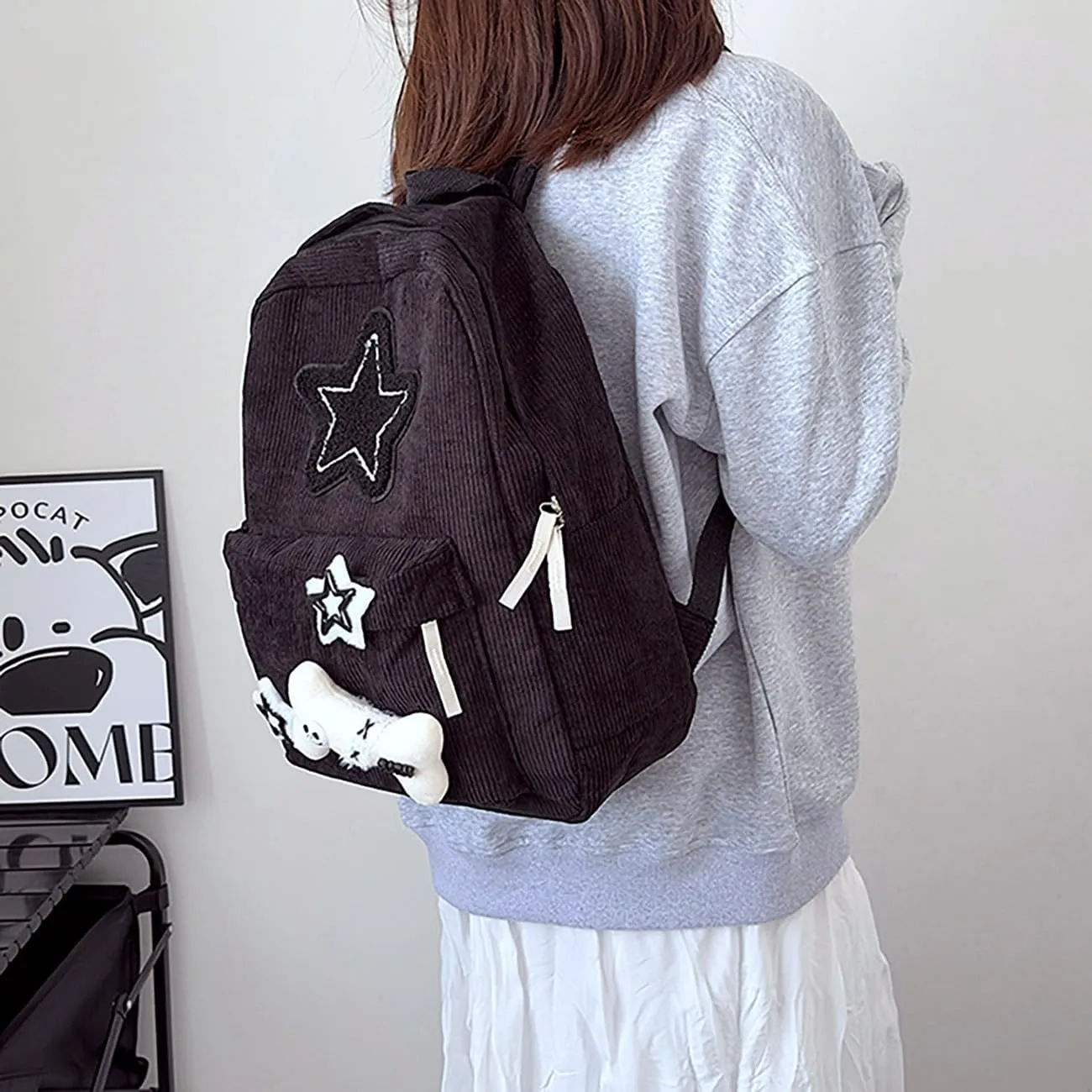 Y2K Star Backpack Cute Casual Daypack for Teen Girls Kawaii Corduroy Bag Trendy Aesthetic Backpack Daily Back Pack (Black)