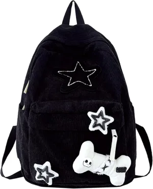 Y2K Star Backpack Cute Casual Daypack for Teen Girls Kawaii Corduroy Bag Trendy Aesthetic Backpack Daily Back Pack (Black)