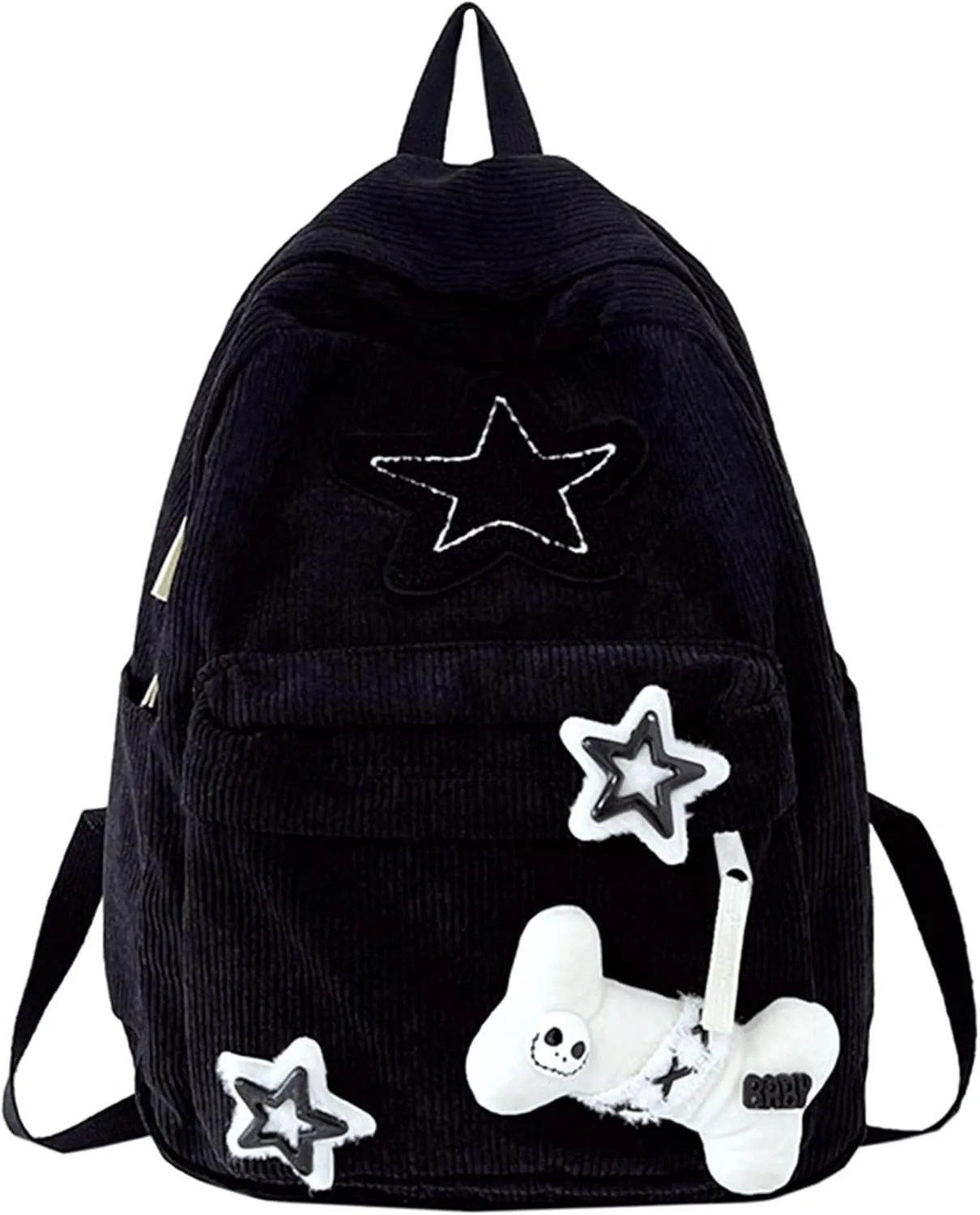 Y2K Star Backpack Cute Casual Daypack for Teen Girls Kawaii Corduroy Bag Trendy Aesthetic Backpack Daily Back Pack (Black)