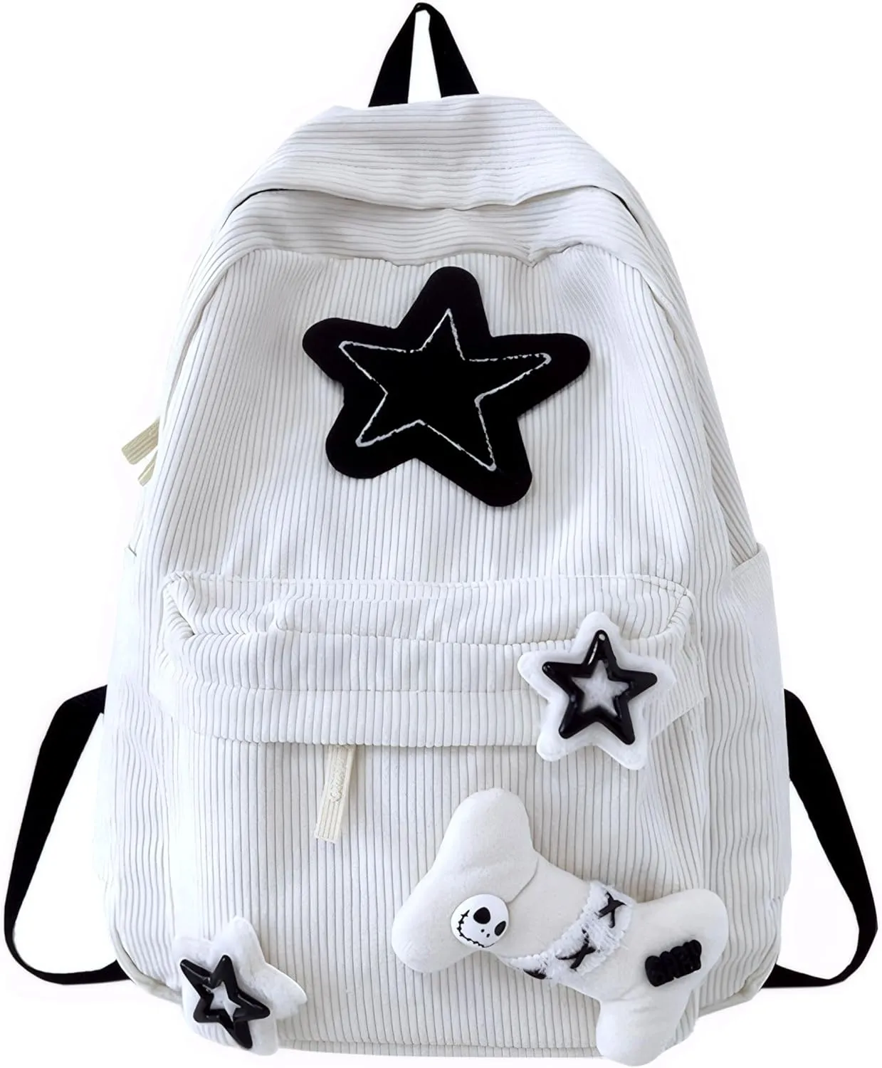 Y2K Star Backpack Cute Casual Daypack for Teen Girls Kawaii Corduroy Bag Trendy Aesthetic Backpack Daily Back Pack (White)