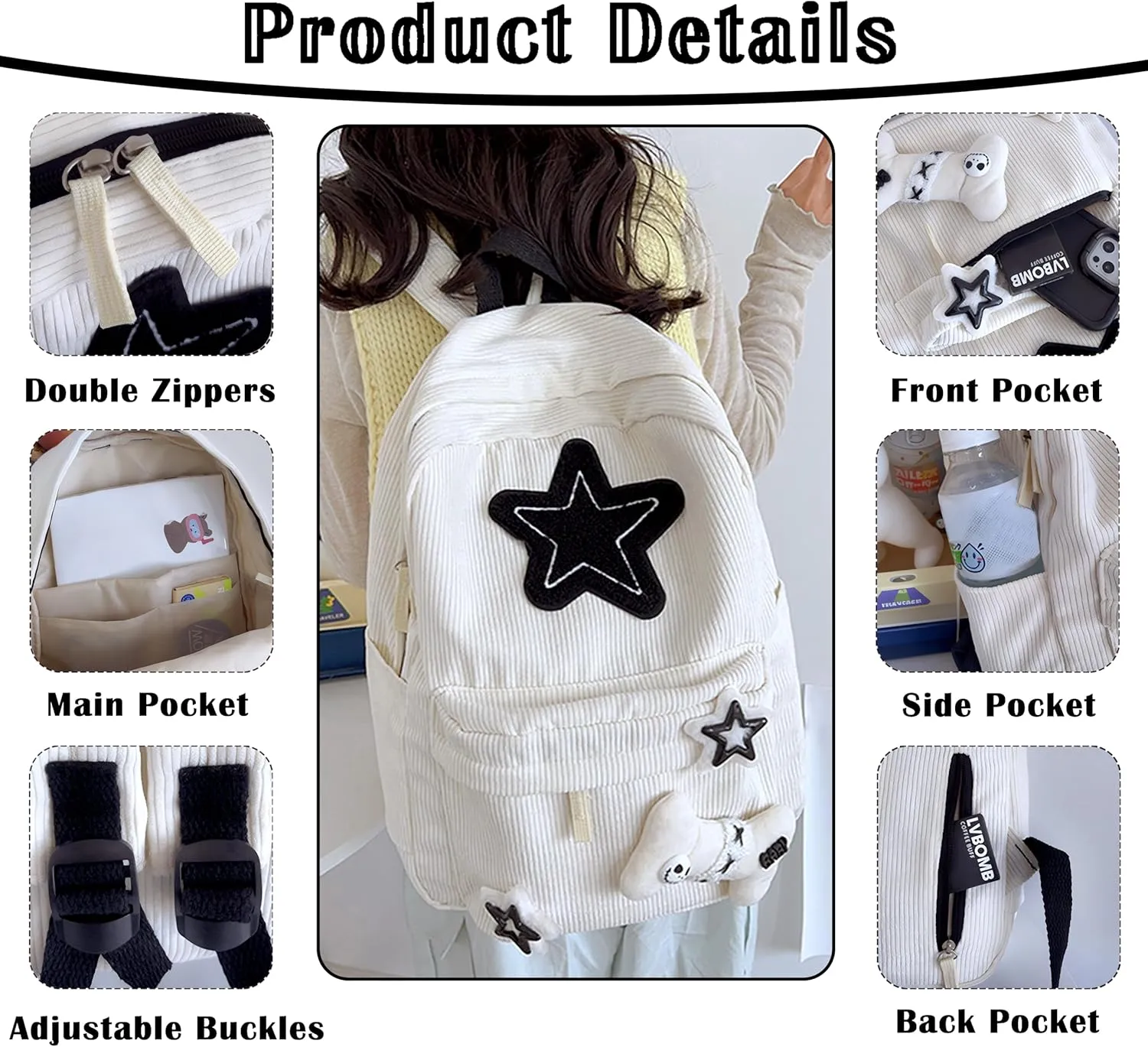 Y2K Star Backpack Cute Casual Daypack for Teen Girls Kawaii Corduroy Bag Trendy Aesthetic Backpack Daily Back Pack (White)
