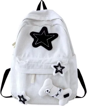 Y2K Star Backpack Cute Casual Daypack for Teen Girls Kawaii Corduroy Bag Trendy Aesthetic Backpack Daily Back Pack (White)