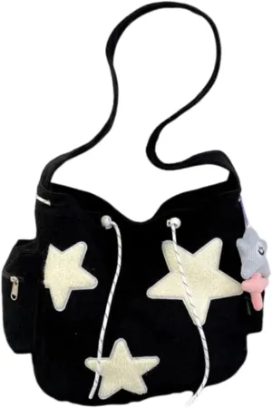 Y2K Star Corduroy Crossbody Bag Casual Tote Lady Simple Large Capacity Shoulder Bag Travel Bookbag Handbag (black)