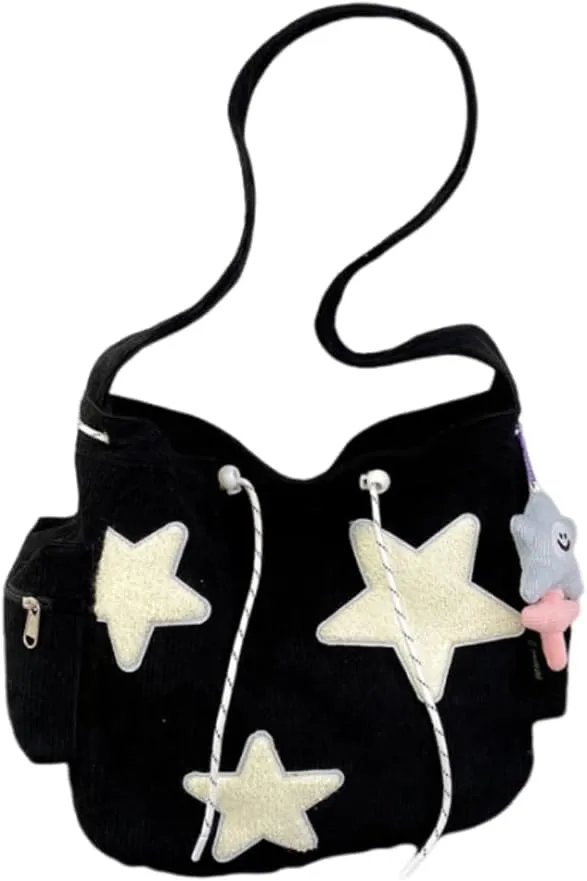 Y2K Star Corduroy Crossbody Bag Casual Tote Lady Simple Large Capacity Shoulder Bag Travel Bookbag Handbag (black)