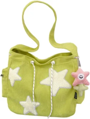 Y2K Star Corduroy Crossbody Bag Casual Tote Lady Simple Large Capacity Shoulder Bag Travel Bookbag Handbag (green)