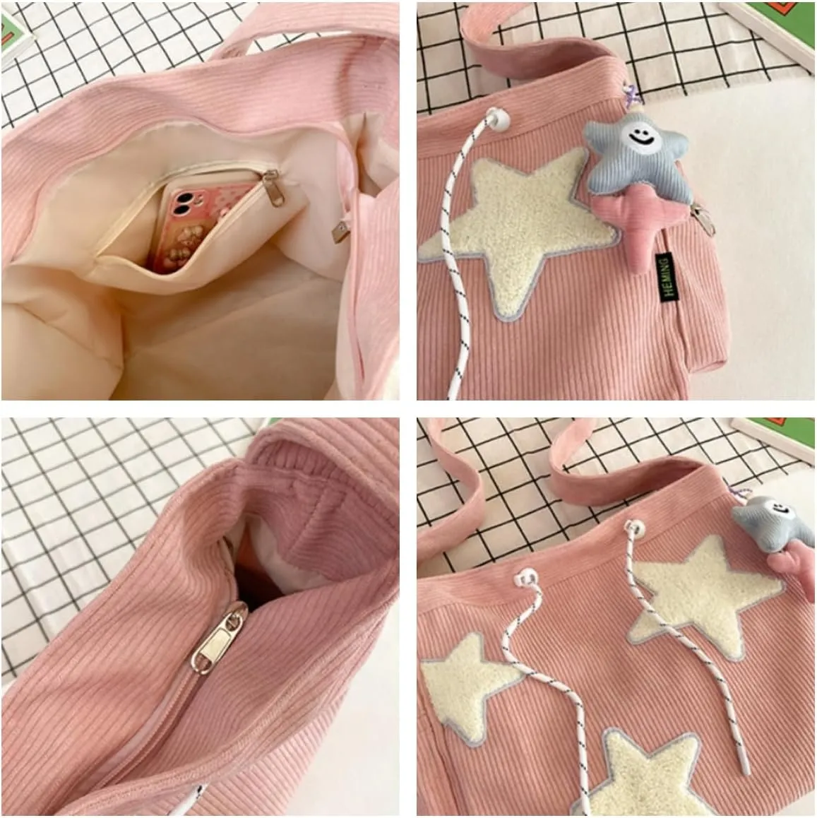 Y2K Star Corduroy Crossbody Bag Casual Tote Lady Simple Large Capacity Shoulder Bag Travel Bookbag Handbag (pink)