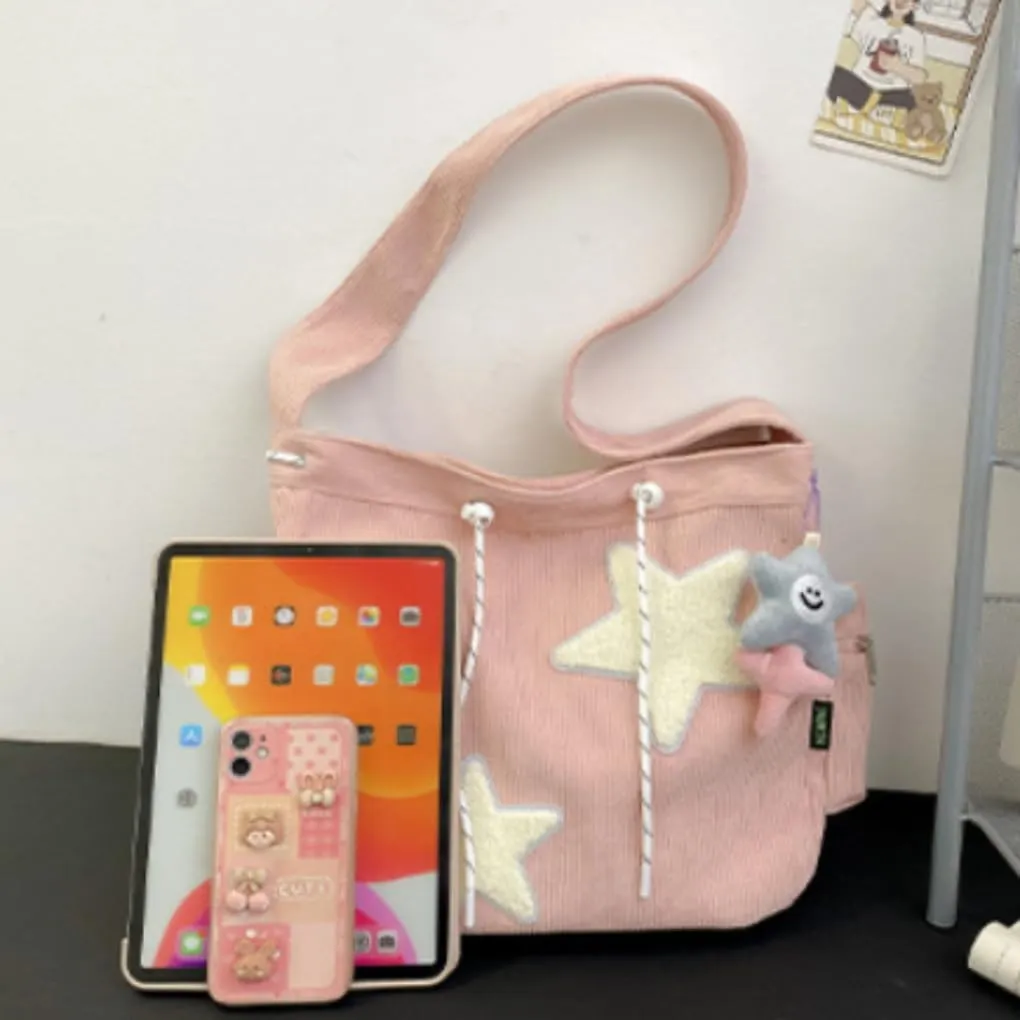 Y2K Star Corduroy Crossbody Bag Casual Tote Lady Simple Large Capacity Shoulder Bag Travel Bookbag Handbag (pink)