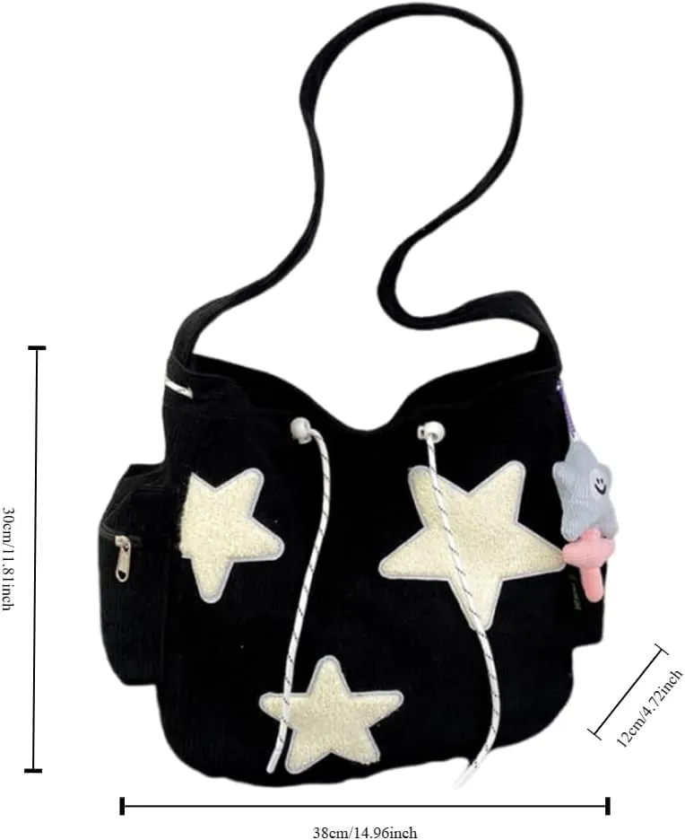 Y2K Star Corduroy Crossbody Bag Casual Tote Lady Simple Large Capacity Shoulder Bag Travel Bookbag Handbag (pink)