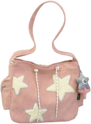 Y2K Star Corduroy Crossbody Bag Casual Tote Lady Simple Large Capacity Shoulder Bag Travel Bookbag Handbag (pink)