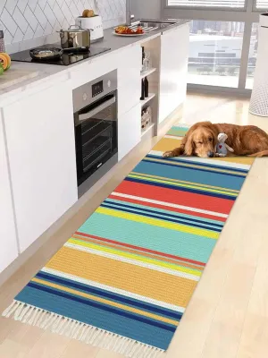 Yellow Blue Red Boho Runner Rug 2X4 Ft Entryway Outdoor Indoor Mat, Washable Woven Throw Carpet with Tassel, Farmhouse Colorful Ombre Stripes Non-Shedding Hallway Bath Mats