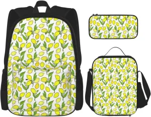 Yellow Fresh Lemons Print Versatile Adjustable Shoulder Fashion Backpack Lunch Bag Pencil Case Large Capacity