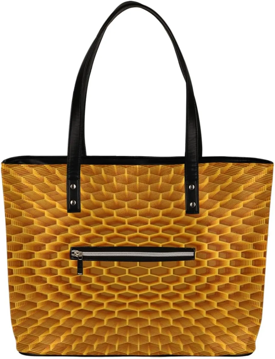 Yellow Honeycomb Polygon Tote Bag Women Shoulder Handbags PU Leather Everyday Bag with External Pocket Large Capacity Aesthetic Corduroy Tote Bag for Travel Work Party