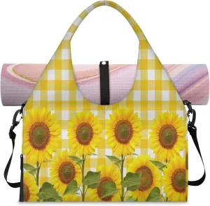 Yellow Plaid Sunflower Women's Yoga Gym Bag - Adjustable shoulder strap with shoe compartment, large gym bag with multiple pockets for yoga mat, gym equipment and travel accessories