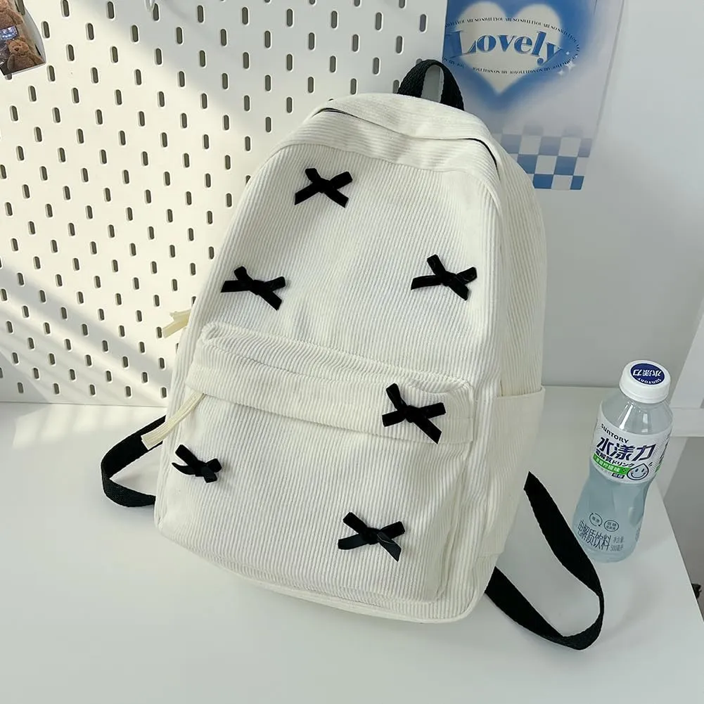 YFGBCX Cute Bow Backpack Aesthetic Corduroy Backpack College Laptop Backpack for Women Fashion Travel Daypack