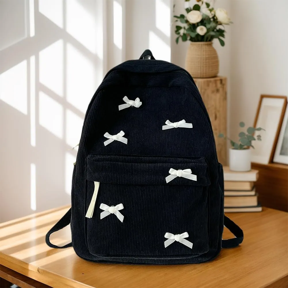 YFGBCX Cute Bow Backpack Aesthetic Corduroy Backpack College Laptop Backpack for Women Fashion Travel Daypack