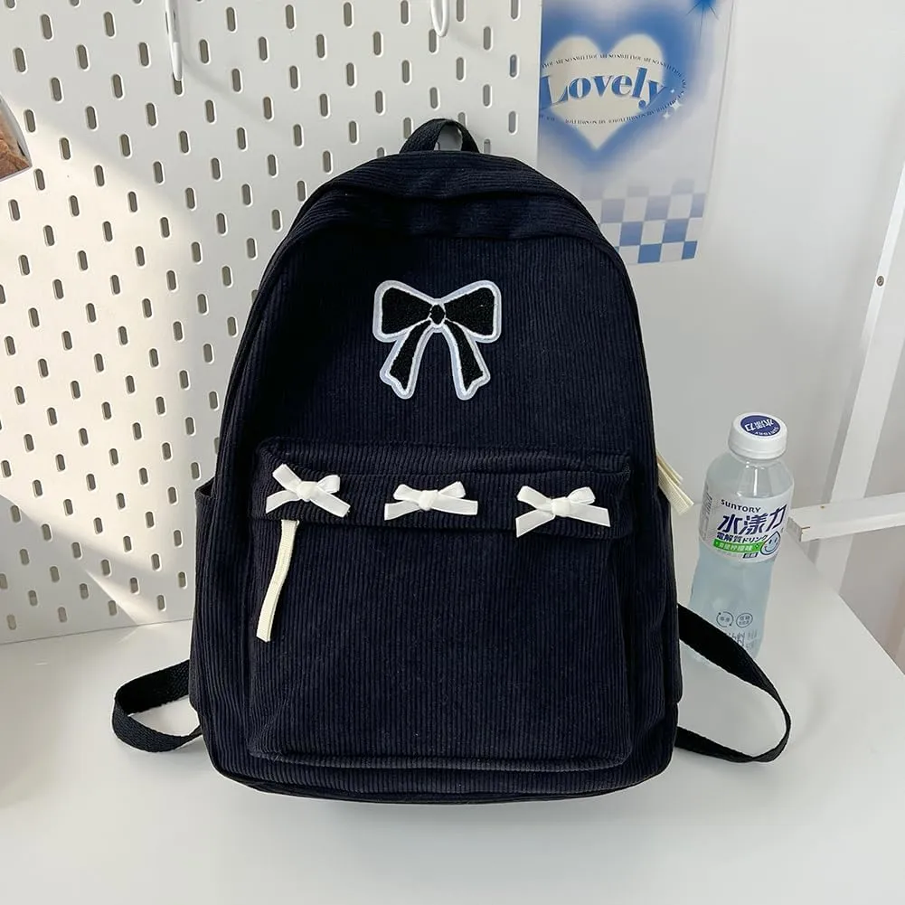 YFGBCX Cute Bow Backpack Aesthetic Corduroy Backpack College Laptop Backpack for Women Fashion Travel Daypack