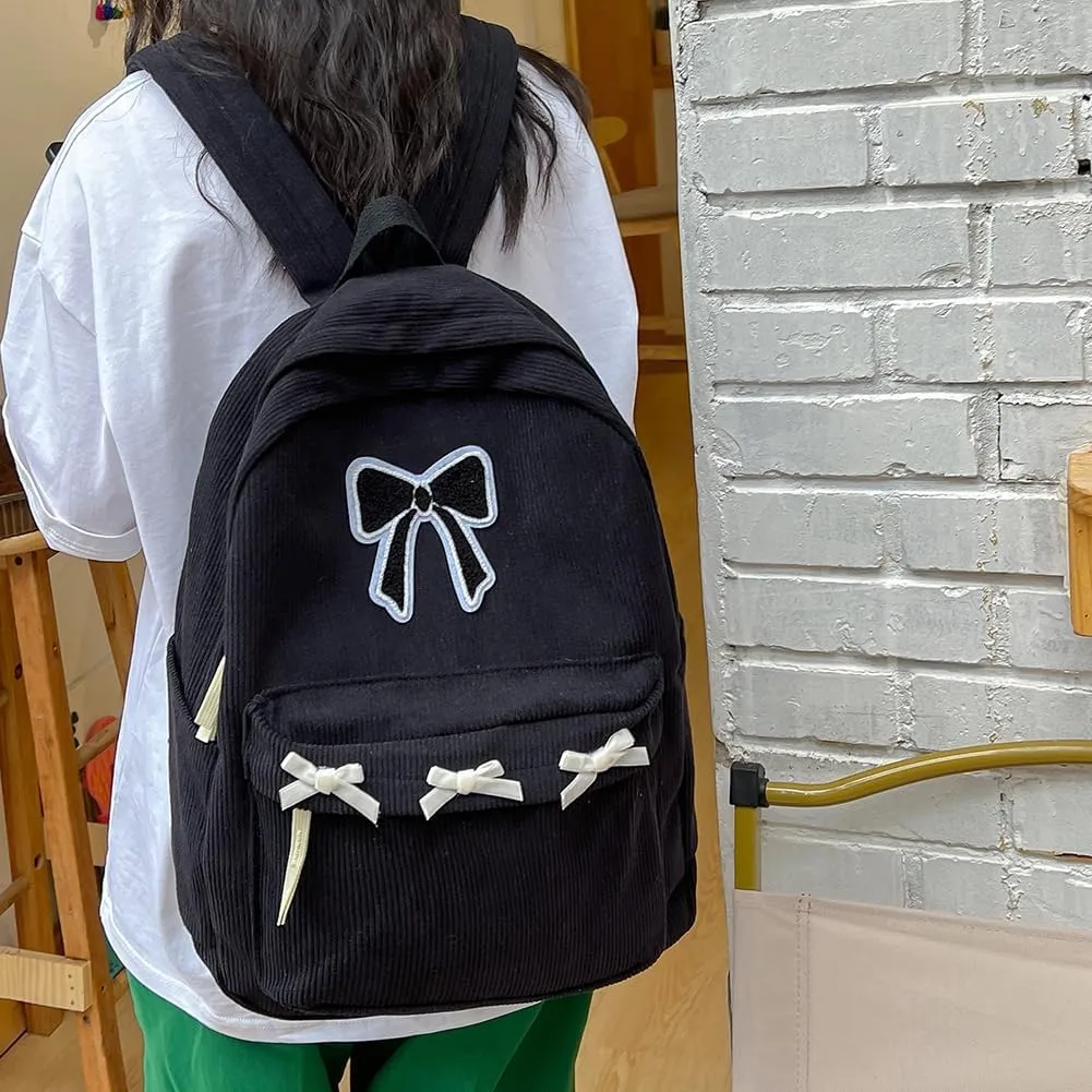 YFGBCX Cute Bow Backpack Aesthetic Corduroy Backpack College Laptop Backpack for Women Fashion Travel Daypack