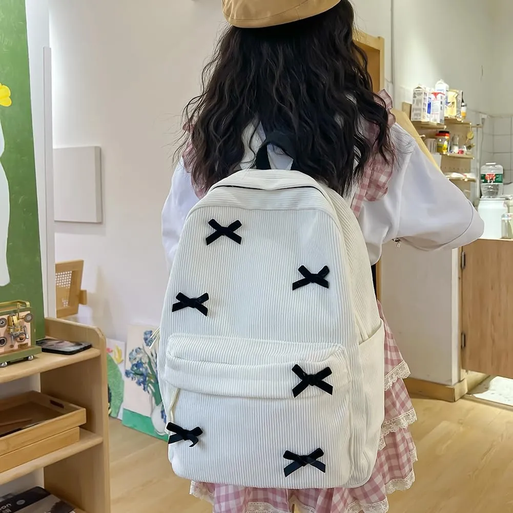 YFGBCX Cute Bow Backpack Aesthetic Corduroy Backpack College Laptop Backpack for Women Fashion Travel Daypack