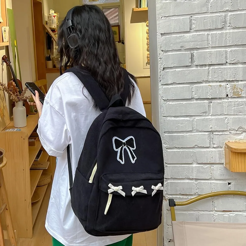 YFGBCX Cute Bow Backpack Aesthetic Corduroy Backpack College Laptop Backpack for Women Fashion Travel Daypack