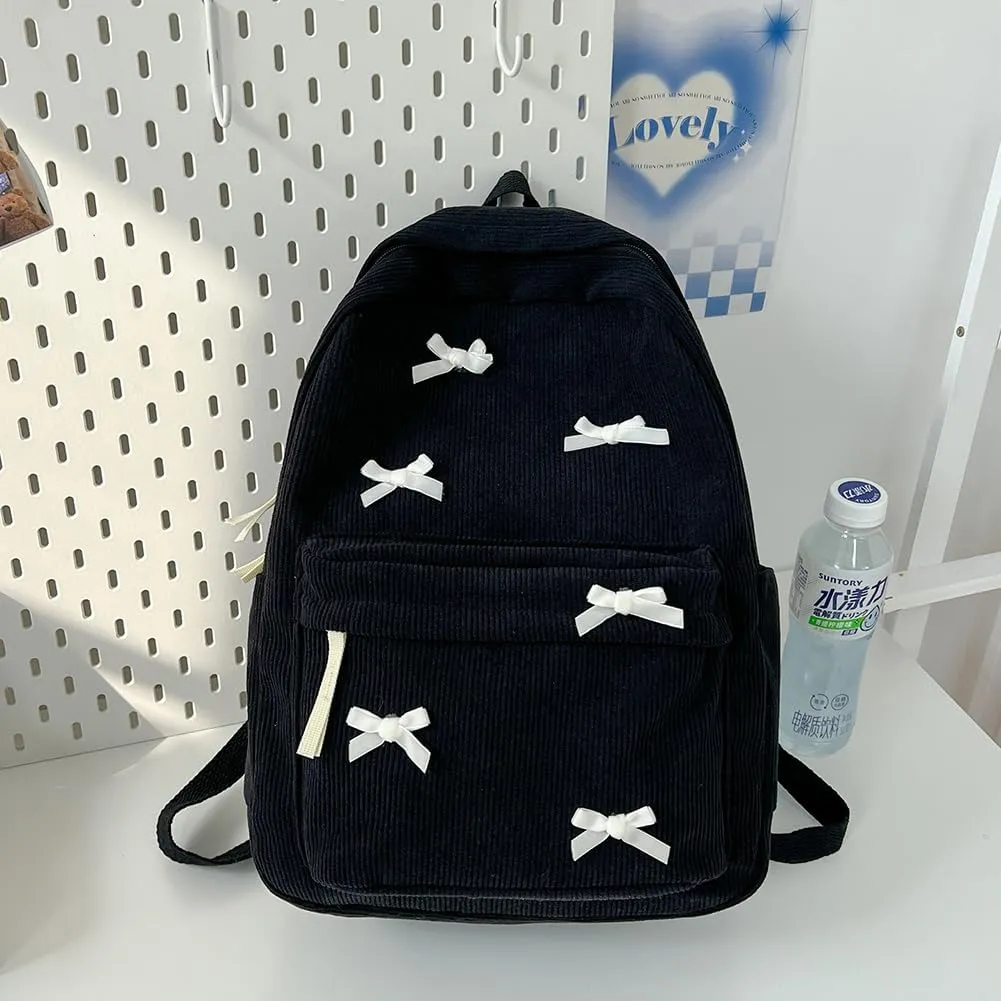 YFGBCX Cute Bow Backpack Aesthetic Corduroy Backpack College Laptop Backpack for Women Fashion Travel Daypack