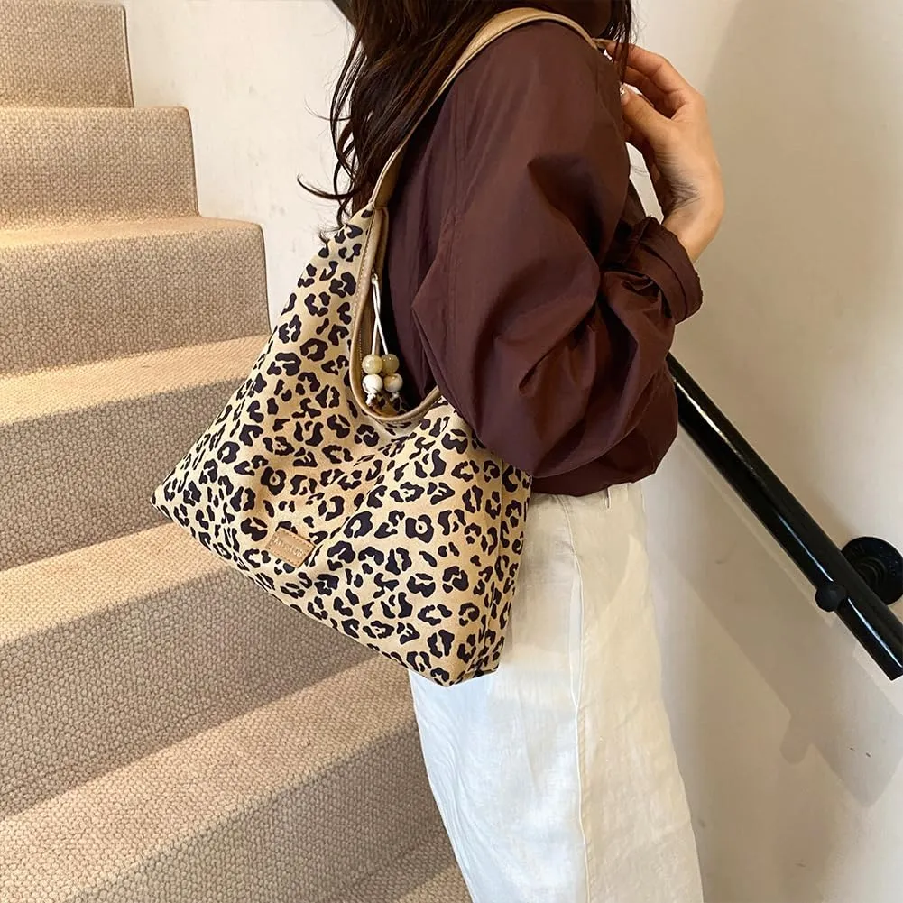 YFGBCX Suede Tote Bags for Women Suede Bag Fall Purse Retro Suede Leopard Purse Slouchy Hobo Bag College Tote Handbags