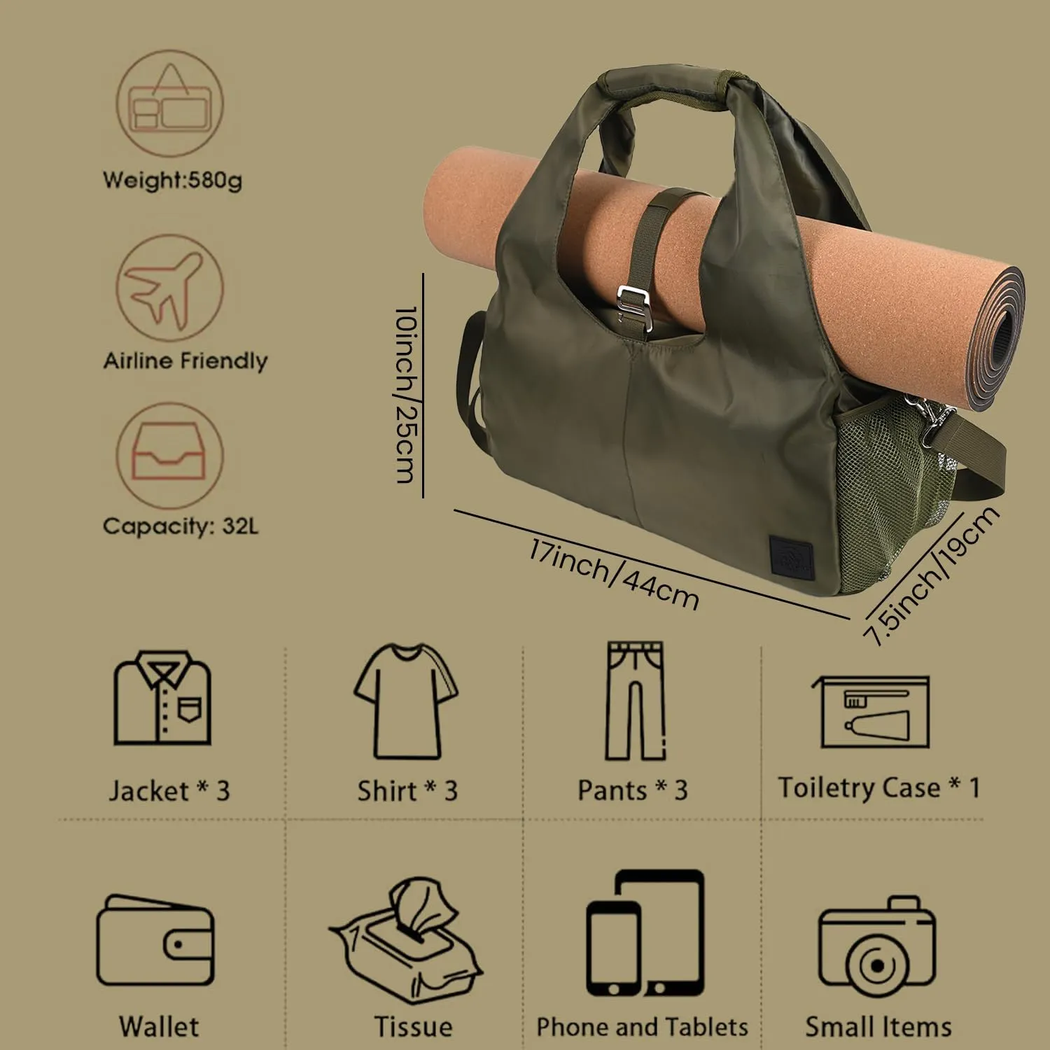 Yoga Bag for Women, Carryall Polyester Yoga Gym Bag Tote Bag for Pilates Bag Shoulder for Travel Office Beach Workout