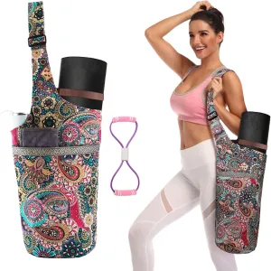 Yoga Mat Bag With Large Pocket, Adjustable Shoulder Strap, Fixed Strap - Fits Most Size Mats - Includes Figure 8 Resistance Band - Gift for Yoga Lovers
