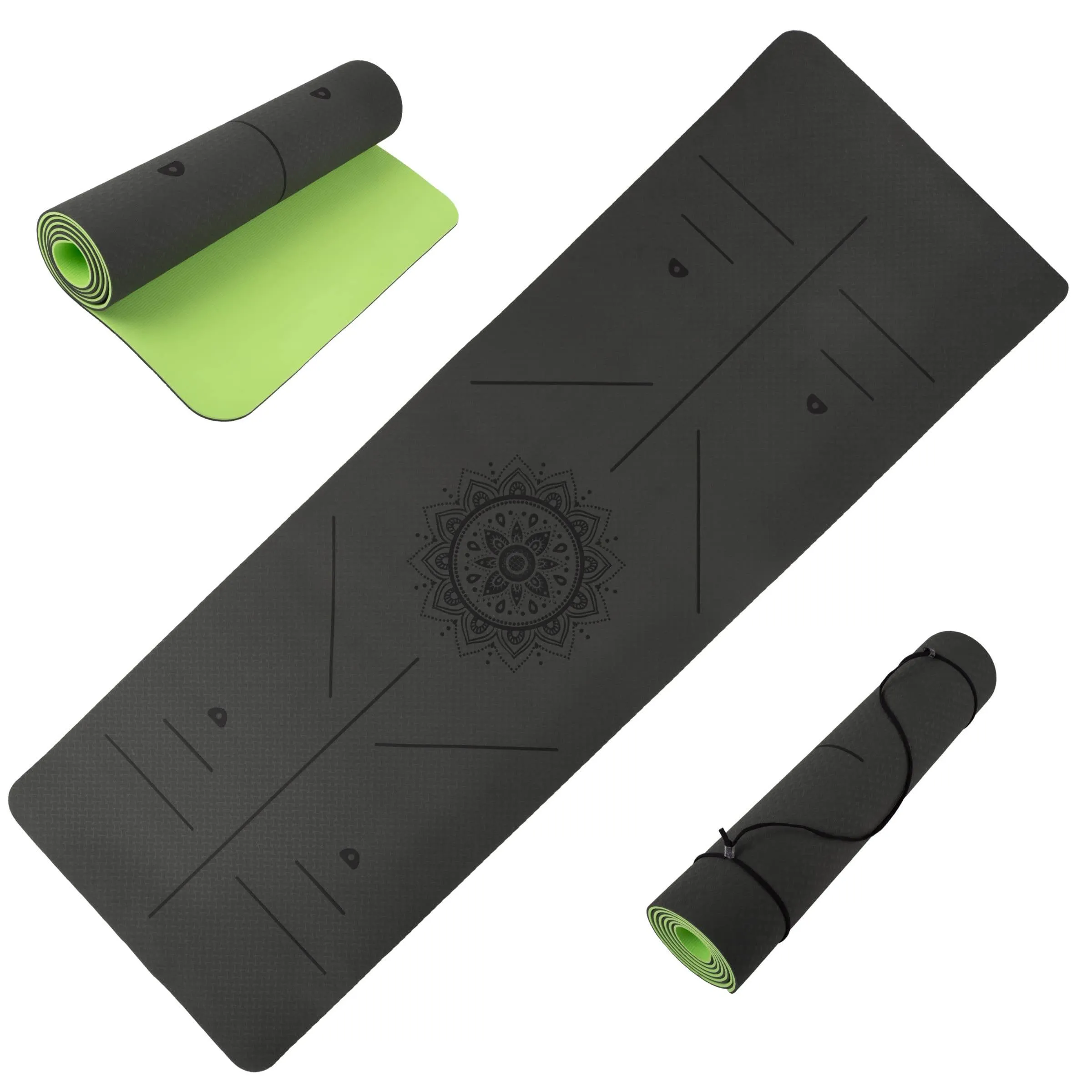 Yoga Mat with Alignment Marks - Lightweight Exercise Mat with Carry Strap for Home Workout or Travel by Wakeman Outdoors (Gray and Green)