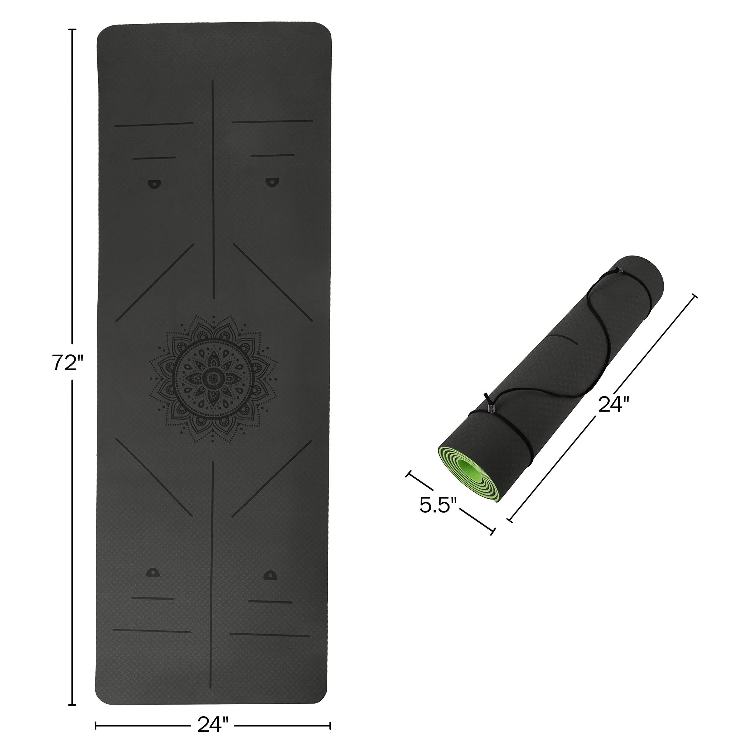 Yoga Mat with Alignment Marks - Lightweight Exercise Mat with Carry Strap for Home Workout or Travel by Wakeman Outdoors (Gray and Green)