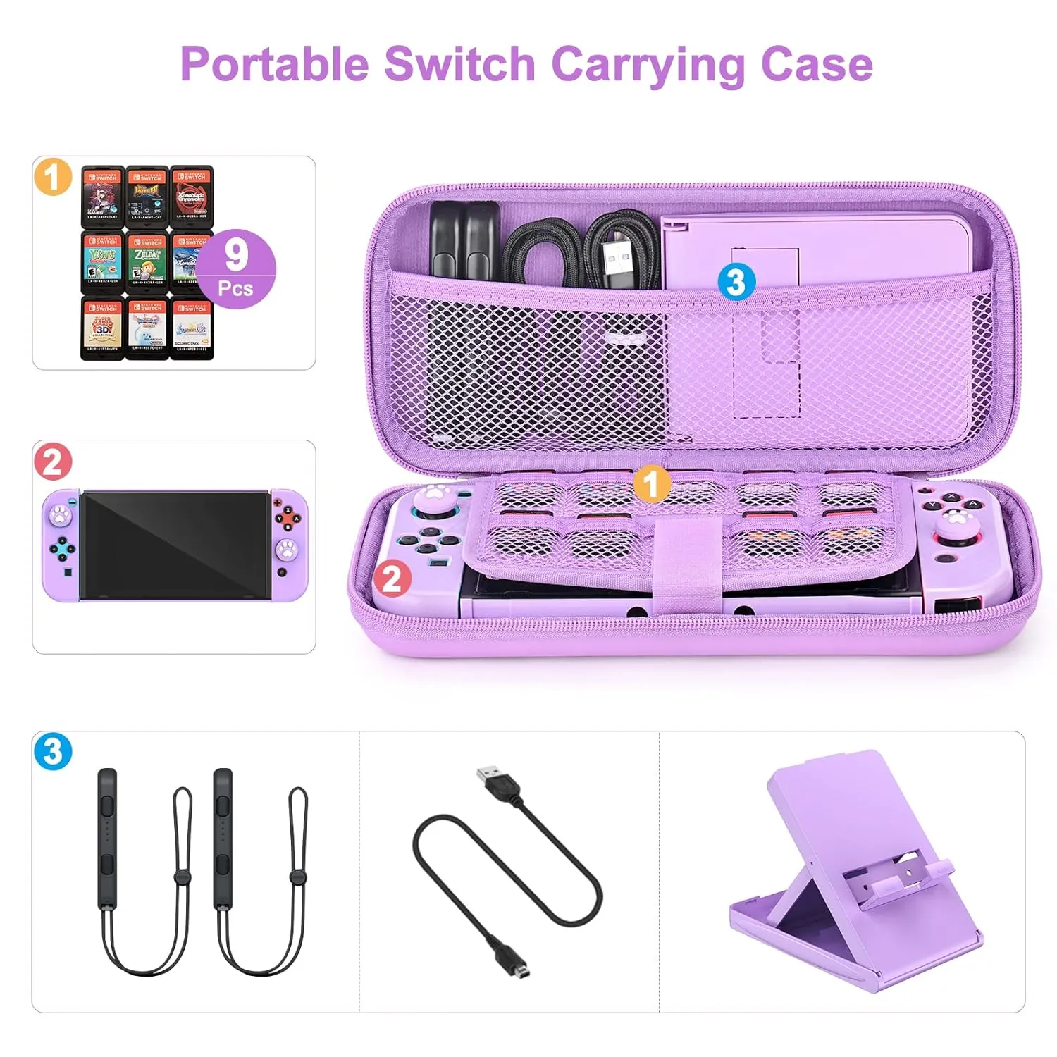 Younik Switch Accessories Bundle, 17 in 1 Purple Switch Accessories Kit for Girls Include Switch Carrying Case, Adjustable Stand, Protective Case for Switch Console & J-Con