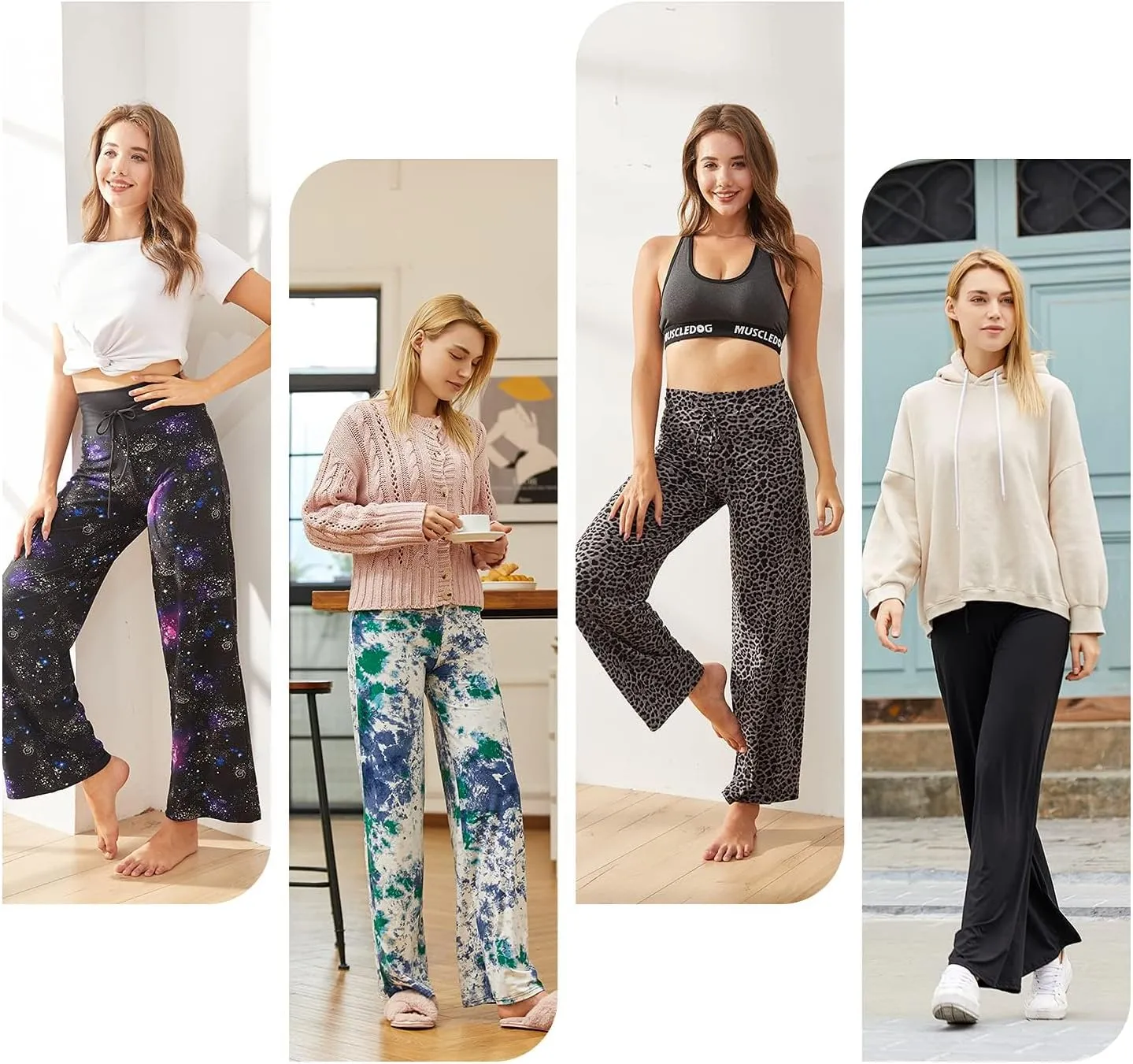 ZOOSIXX Soft Black Pajama Pants for Women, Wide Leg Comfy Casual Lounge Yoga Capri Pants 22'' / 30''