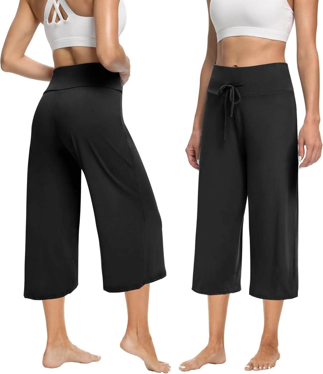 ZOOSIXX Soft Black Pajama Pants for Women, Wide Leg Comfy Casual Lounge Yoga Capri Pants 22'' / 30''