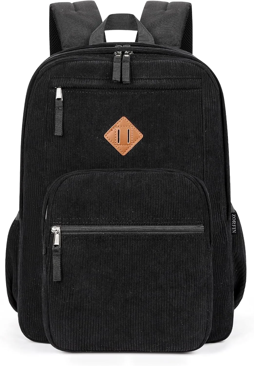 ZORFIN 26L Backpack for School, College, and Travel: Corduroy Bookbag with 8 Compartments - Black