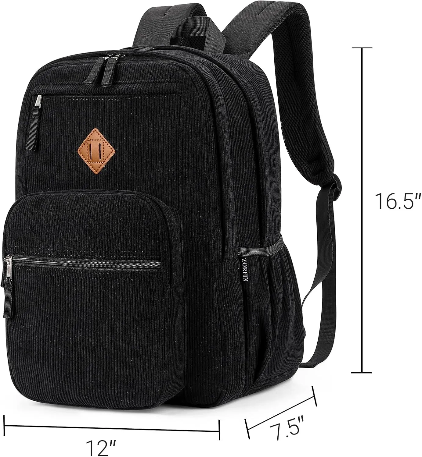 ZORFIN 26L Backpack for School, College, and Travel: Corduroy Bookbag with 8 Compartments - Black