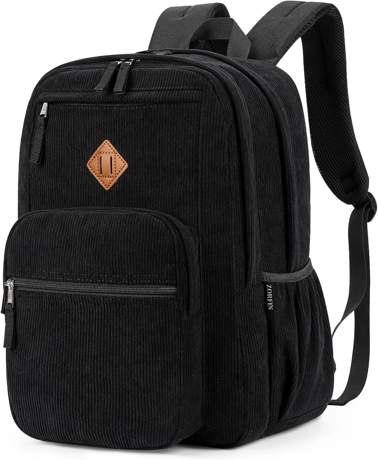 ZORFIN 26L Backpack for School, College, and Travel: Corduroy Bookbag with 8 Compartments - Black