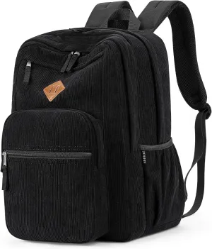 ZORFIN 26L Backpack for School, College, and Travel: Corduroy Bookbag with 8 Compartments - Black